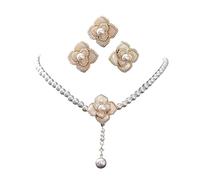 Wedding Pearl Necklace Earrings Set Bridal Camellia Flower Pendant Necklace Chain Vintage Crystal Flower Jewelry for Women (White A)