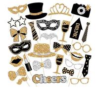 Wedding Photo Booth Props, 30pcs Black and Gold Wedding Photobooth Party Props for Bridal Showers Engagement Bachelorette Hen Party Accessories Photo Props with Moustache,Lipstick,Tie,Glasses