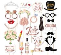 Wedding Photo Booth Props, Kaluofan 25 PCS Wedding Photobooth Party Props for Marriage Engagement Bachelorette Hen Party Accessories Photo Props (Pink and Black, Bride and Groom)