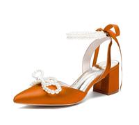 Wedding Pointed Toe Satin Pearl Bow Block Heel Bridal Pumps6cm | Elegant high heels featuring a pearl bowknot, available in multiple options.