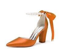 Wedding Pointed Toe Satin Pearl Strap Bridal Block Heel Pumps 8.5Cm | Elegant satin pumps featuring a pearl ankle strap, and ribbon tie, available in multiple options.