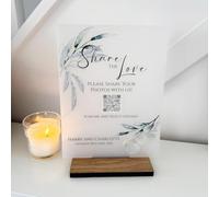 Wedding QR Code Sign, Personalised Photo Sharing Guest Upload Table Plaque | Scan-to-share album access helps guests collect celebration pictures, candid moments and memories together in one place.