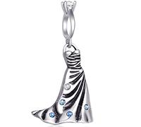 Wedding Ring Charm Wedding Dress Pendant, fits Pandora First Mothers Day Bracelet, 925 Sterling Silver Dangle Strapless Gowns Necklace Beads with Blue Crystal, Gifts for Bride/Fiancée/Mum