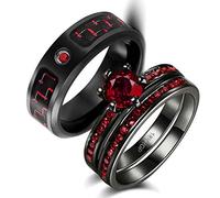 wedding ring set Two Rings His Hers Couples Matching Rings Women's 2pc Black Gold Filled Red CZ Wedding Engagement Ring Bridal Sets Men's Stainless Steel Wedding Band, crystal stone Metal, Cubic