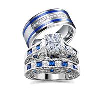 wedding ring set Two Rings His Hers Couples Matching Rings Women's 2pc White Gold Filled CZ Wedding Engagement Ring Bridal Sets Men's Stainless Steel Wedding Band, women's size 9 & men's size 13