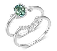 Wedding Ring, The Promise Ring 2 Ring Set with Green Oval Shape 1ct Moissanite 18K White Gold Size T 1/2