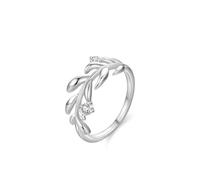 Wedding Rings, Funny Engagement Ring Simple Leaves Design with Round Lab Diamond 18K White Gold Size N 1/2