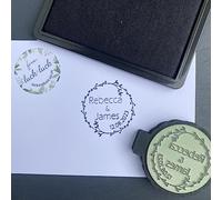 Wedding Rubber Stamp, Custom Names Date Save The Date Stationery | Bespoke ink design for invitations, envelopes, favour tags, place cards, thank you notes and engagement crafts.