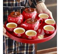 Wedding Tea Set, Chinese Traditional Festive Red Everything Goes Well Ceramic Kungfu Tea Set Ceremony Wedding Party Newlyweds(1 Tea Pot+6 Tea Cups+2 Tea Canisters+1 Tea Tray+1 Gift box)