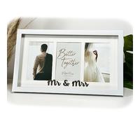 Wedding Triple Photo Frame White Wood Mr And Mrs Newly Wed Picture Display Stand