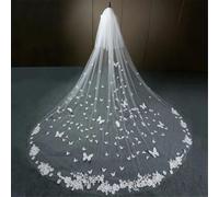 Wedding Veil Long Lace Edge 3D Butterfly Floral Appliques Face-Covered Cathedral Bridal Veil With Comb White Ivory-Ivory-350cm