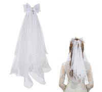 Wedding Veil White, Holy Communion Veil with Rhinestone Cross and Satin Bow, White Wedding Veils for Brides and Girls, One Size