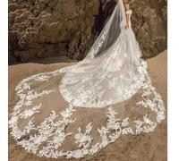 Wedding Veil With Comb 1 Tier Soft Tulle Scalloped Lace Pearls 3D Floral Petals Bridal Veils White Ivory Embroidery Custom Veil-Off White-400cm