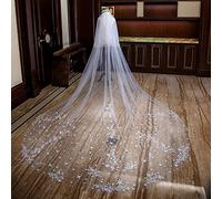 Wedding Veils Long Stars Appliques Face-Covered Soft Tulle Luxurious Bridal Veil With Comb White/Ivory Accessories Wedding (Color : Light Ivory, Item Length : 300cm)