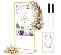Wedding Welcome Sign Stand Adjustable Height Metal Backdrop Stand with Square Base Design & Ground Stakes for Weather Resistant, Gold Easel Seating Plan Frame for Parties Events Photo Booth(Golden)