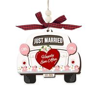 Wedding Wooden Hanging Ornament, Married Car Decoration, Mr and Mrs Gifts & Wedding Keepsake, Weddings Gifts Wooden Marry Plaque Ornament for Couple, Christmas Ornament
