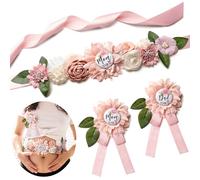 WeddingSteps Baby Shower Maternity Sash Belly Belt-Pink Flower Sash Set Mom to Be & Dad to Be Corsage Pins for Gender Reveal, Baby Pink, 70 inches or 180 cm