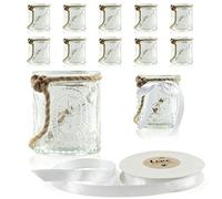 WeddingTree Glass Candle Holder, 12 Pack - Transparent Lanterns with Handle & Decorative Ribbon - Tealight Glass - 7 cm high - Wedding Decoration