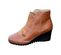 Wedge Ankle Boots For Womens - Ladies Lace Up Boots - Faux Leather Casual Shoes Tooling Boot With Side Zipper Wedges Low Wedge Heel Boot Fashion Outdoor Shoe Dress Court Footwear