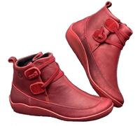 Wedge Ankle Boots Women's Black Ankle Boots Flat Leather Boots, red, 5 UK