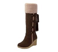 Wedge Boots For Women Mid Calf - Ladies Suede Tassel Boots Fur Lined Winter Boot Retro Lace-Up Shoes Wide Calf Boots Knee High Shoe Comfort Plush Lined Boots Round Toe Booties Non-Slip Sole
