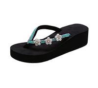Wedge EVA Flip Flop for Women Diamond Rhinestone Jeweled Black Platform Wedge Bling Sandals Walking Thong Slippers
