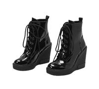 Wedge Heel Ankle Boots Women's Platform Lace-up Boots Fashion PU Patent Leather Booties British Style Biker Booties 11 Cm High Heels Warm Ankle Shoes For Autumn, Winter(5.5 UK)
