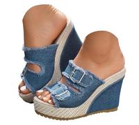 Wedge Heel Sandals For Women 2026 Comfort Chunky Sandals Boho Open Toe High-Heeled Thick-Soled Slippers Vintage Anti Slip Denim Belt Buckle Slip On Summer Dressy Walking Breathable Platform Shoes