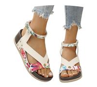 Wedge Heel Sandals For Women Vintage Platform Sandals With Leopard/Floral PU Leather Roman Sandals With Buckle Summer Peep Toe Beach Shoes For Party(White,7.5 UK)