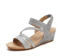 Wedge Heel Sandals Womens Roman Elastic One Word Belt Sandals Ladies Summer Soft Sole Comfort Party Shoes Size 3.5-8 UK (8,Grey)