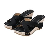 Wedge Heel Sandals Women's Summer Elegant Mules Women's Leather Wedge Sandals Slip On Slippers Cross Platform Shoes Breathable Slippers Platform Clogs with Footbed Slippers Open Beach Sandals, black