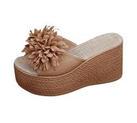 Wedge Heel Sandals Women's Wedge Sandals Women's Platform Summer Sandals with Flowers Chunky Casual Sandals Espadrilles Sandals Lightweight Beach Sandals Slip On Outdoor Sandals, khaki, 4 UK
