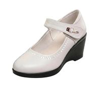 Wedge Heel Women's Leather Mary Jane Shoes Shoes Platform Pumps with Buckle, beige, 8.5 UK