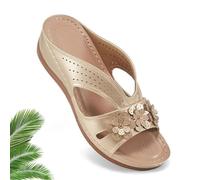 Wedge-Heeled Thick-Soled Hollow Rivet Flower Slippers (Champagne,7)