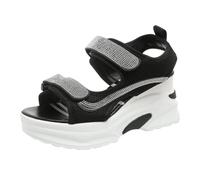 Wedge Platform Chunky Heel Summer Sandals Women Diamond Rhinestone Adjustable Double Strap Ankle Strap Sport Walking Sandals Ladies Footwear Size 6 Black