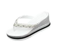 Wedge Platform Open Toe Espadrille Flip Flops Pearl Thong Sandals for Women Stylish Summer Lightweight Comfortable Footbed Non Skid Outsole Slip On Casual Beach Vacation White