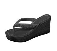 Wedge Platform Open Toe Flip Flops Glitter Thong Sandals for Women Sparkling Summer Lightweight Cushioned Insole Non Skid Outsole Slip On Casual Daily Party Beach Vacation Getaway Black