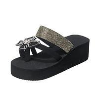 Wedge Platform Sliders for Women Glitter Flip Flops with Rhinestone Women's Summer Slippers Non-Slip Black Sliders Ladies Jewel Slippers Bohemian Holiday Casual Diamante Toe Post Beach Sandals