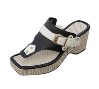 Wedge Platform Square Open Toe Flip Flops for Women Adjustable Buckle Thong Sandals Woven Sole Stylish Summer Comfortable Breathable Footbed Non Skid Outsole Slip On Casual Travel Outdoor Black