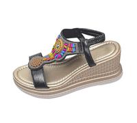Wedge Sandals for Women Ankle Strap Ladies Summer Beaded Open Toe Slippers Elegant High Heels Platform Walking Slides Shoes, Black, 7