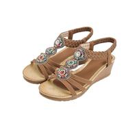 Wedge Sandals For Women Causal,Bohemian Sandals For Women With Sparkly Rhinestones & Elastic Ankle Strap Ethnic Style Braided Open Toe Breathable Summer Shoes Non-Slip Comfy Cushion Flat Shoes