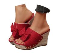 Wedge Sandals for Women Confucius Rivet Buckle Cork Espadrille Platform Slip-on Open-toe Slippers Summer Arch Suppor Chunky Heel Slides Casual Stylish Punk Bohemian Summer Shoes (b-Red, 7)