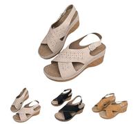 Wedge Sandals for Women Cross Ankle Strap Hollow Rubber Sole Shoes Adjustable Buckle Open Toe Slingback Summer Platform Waterproof Slides Mules Thick Cushioned Orthopedic Walking (Beige, 7.5)