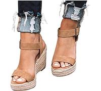 Wedge Sandals for Women Dressy Casual Open Toe Buckle Strap Straw Weave Platform Sandals Comfy Outdoor Roman Sandals,Brown,US8/EU40