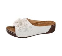 Wedge Sandals For Women Open Toe Platform Slides Floral Applique Perforated Casual Summer Beach Walking Sandals Comfortable Arch Support Lightweight Non Slip For Indoor Outdoor All-Day (White, 3.5)