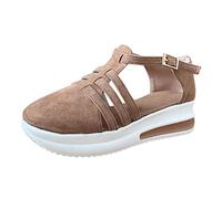 Wedge Sandals for Women Platform Summer Ladies Leather Sandal Closed Toe Buckle Shoes Ankle Strap Heeled Vintage Beach Comfy Sandal Walking Sandals Orthopedic Sandals UK Size 4 5 6 7 Beige