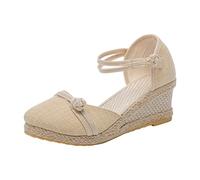 Wedge Sandals For Women Size 6 Ladies Arch Support Leisure Women Summer Weave Breathable Elastic Round Toe Sandals Comfortable Beach Shoes White Leather For Wide Fit 6 (Beige 5)