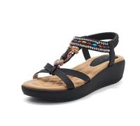 Wedge Sandals for Women Summer Bohemian Rhinestone Beaded Open Toe Platform Sandals Elastic Ankle Strap Comfortable Casual Shoes Dark brown 5.5