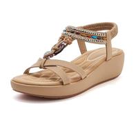 Wedge Sandals for Women Summer Bohemian Rhinestone Beaded Open Toe Platform Sandals Elastic Ankle Strap Comfortable Casual Shoes Dark brown 5