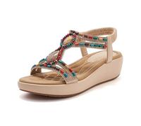 Wedge Sandals for Women Summer Bohemian Rhinestone Beaded Open Toe Platform Sandals Elastic Ankle Strap Comfortable Casual Shoes Dark brown 4